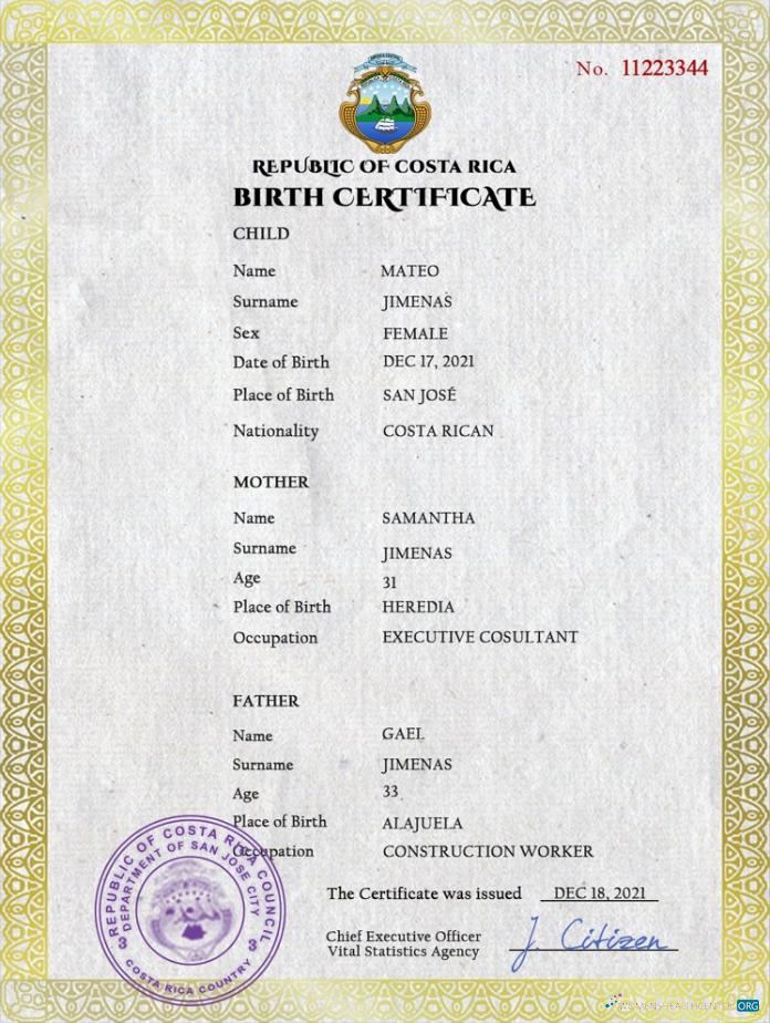 Download Costa Rica birth certificate PSD template Photoshop template